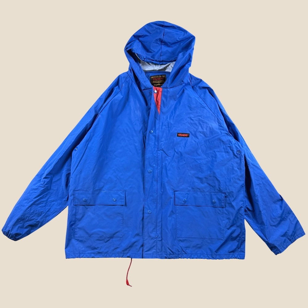 Vintage Stearns Rain Jacket Men XL Blue Hooded Dry Wear Outdoor Coat 8155